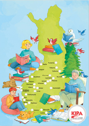 Suomen kartta, jossa lintuja ja lukevia ihmisiä.